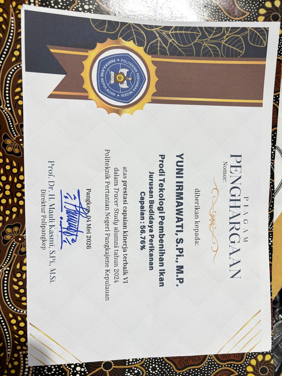 Koordinator Prodi Teknologi Pembenihan Ikan Raih Penghargaan Kinerja Terbaik VI pada Tracer Study Alumni 2024